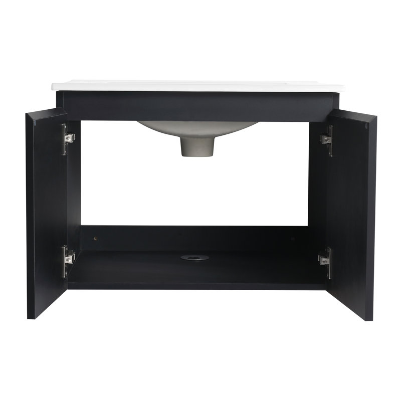 Meuble-lavabo noir 24 po avec lavabo en céramique. Porte d'armoire à fermeture en douceur, noir. Élégant