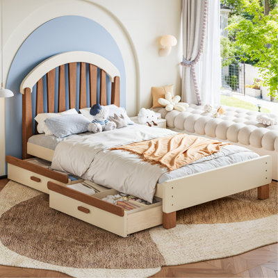 Lit plateforme simple avec tiroir de rangement, cadre de lit simple en bois avec tête de lit ronde, sommier non requis, beige et naturel