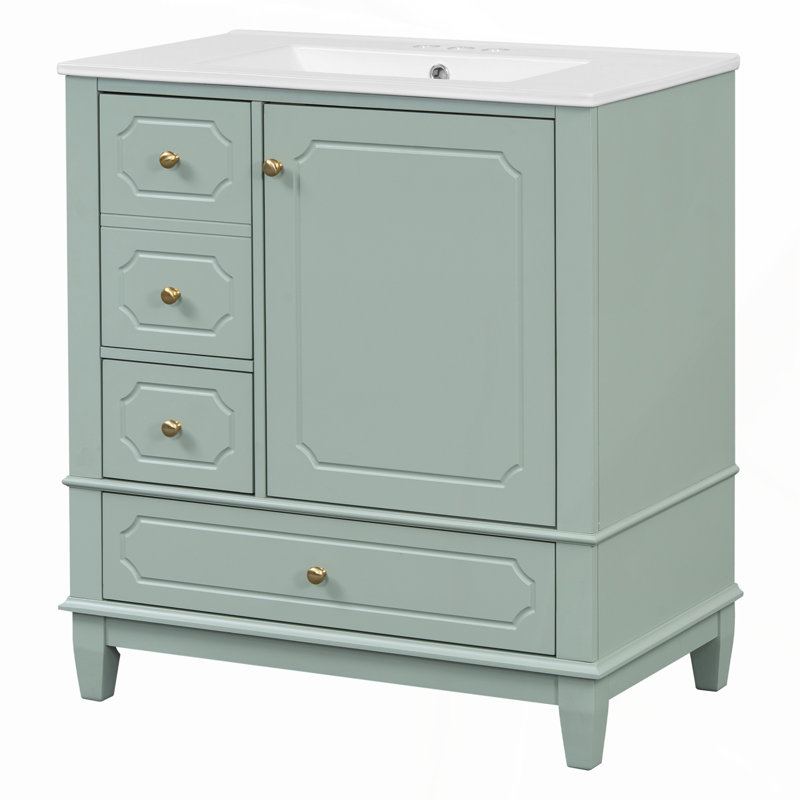 Meuble-lavabo autoportant de 30 po avec lavabo en céramique, cadre en bois massif, porte à fermeture en douceur et plusieurs options de rangement