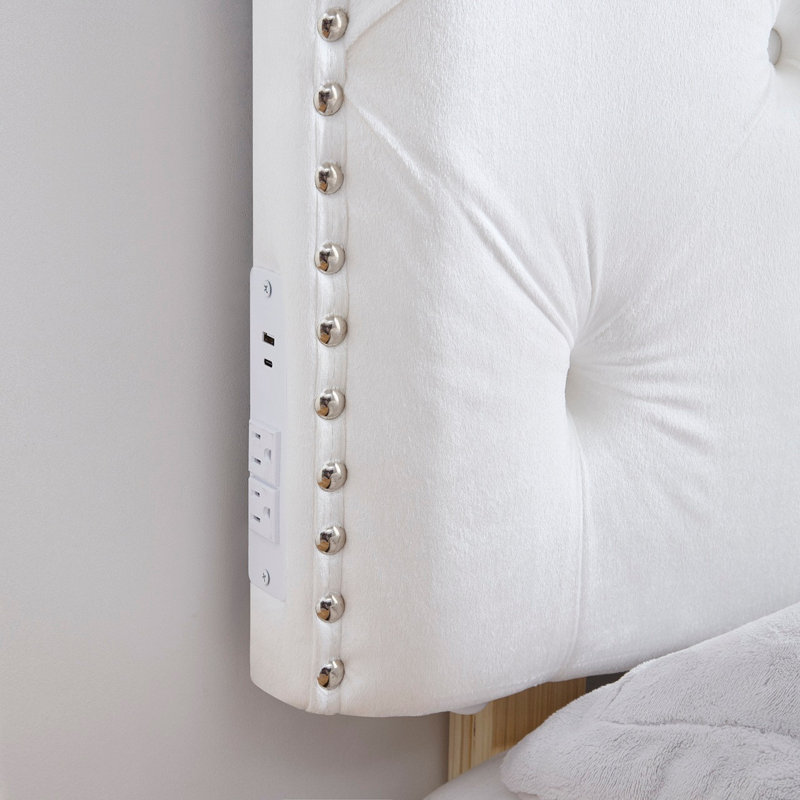 Tavira Allure® College Dorm Left Side Outlet Headboard with Legs - Bevel Tufted Rivet - White