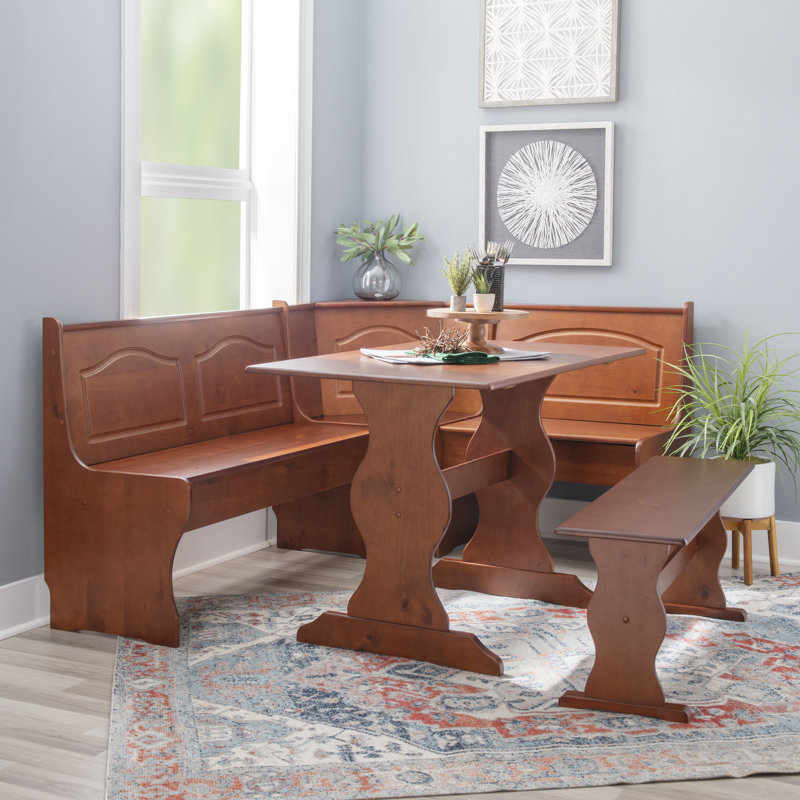 Jiles 5 Person Corner Solid Pine Breakfast Nook with Hidden Storage, Walnut