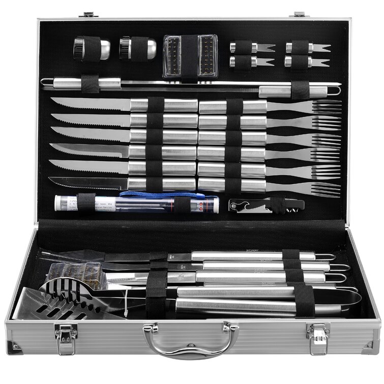 Image 14 Pieces BBQ Grill Tool Set, Large Heavy Duty Stainless Steel Grilling Kit - M - Silver