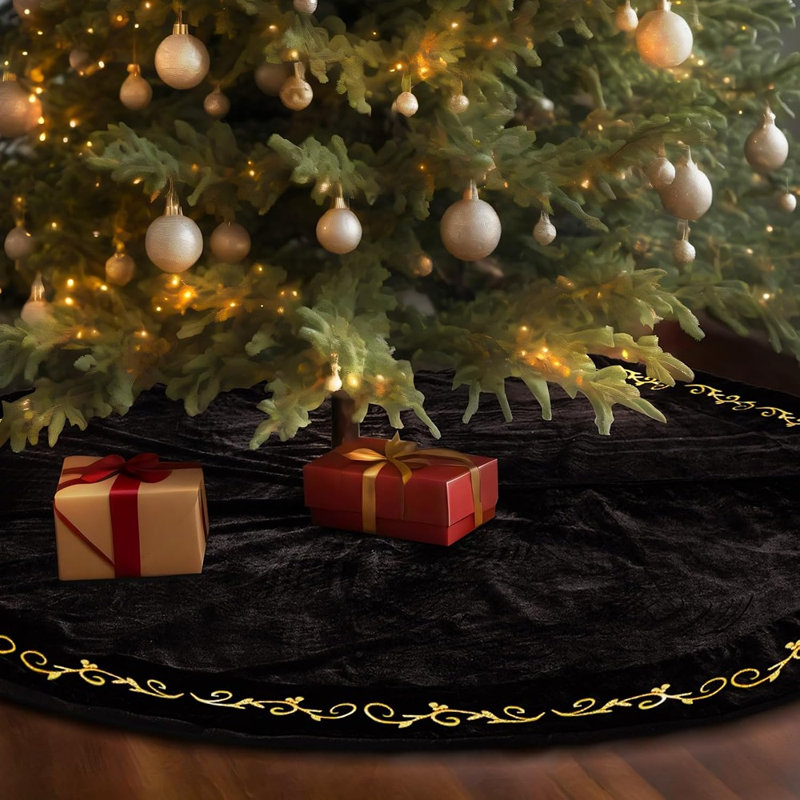 Black Velvet Christmas Tree Skirt, Classic Elegant Holiday Tree Base Cover, Festive Home Décor