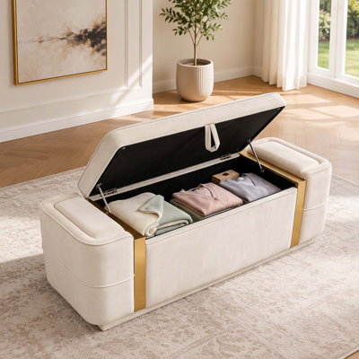 Pouf coffre moderne rembourré, multifonctionnel, pouvant servir de bout de lit ou de banc à chaussures dans l'entrée, pour le salon, la chambre ou le hall d'entrée, beige.