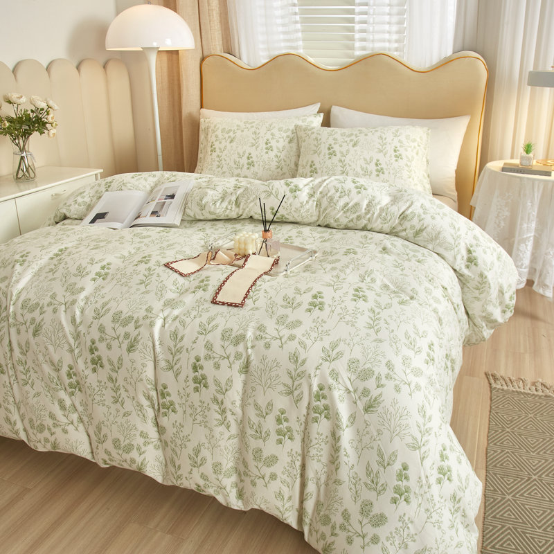 Cotton Floral Print Duvet Cover Set, Twin XL Duvet Cover + 2 Twin XL Pillowcases, Green/Floral