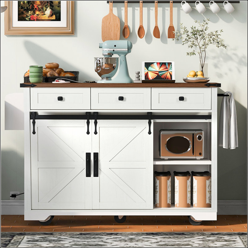 53.7 Farmhouse Kitchen Island with Power Outlet, Sliding Barn Doors, and Drop Leaf for Efficient Storage and Mobility, White