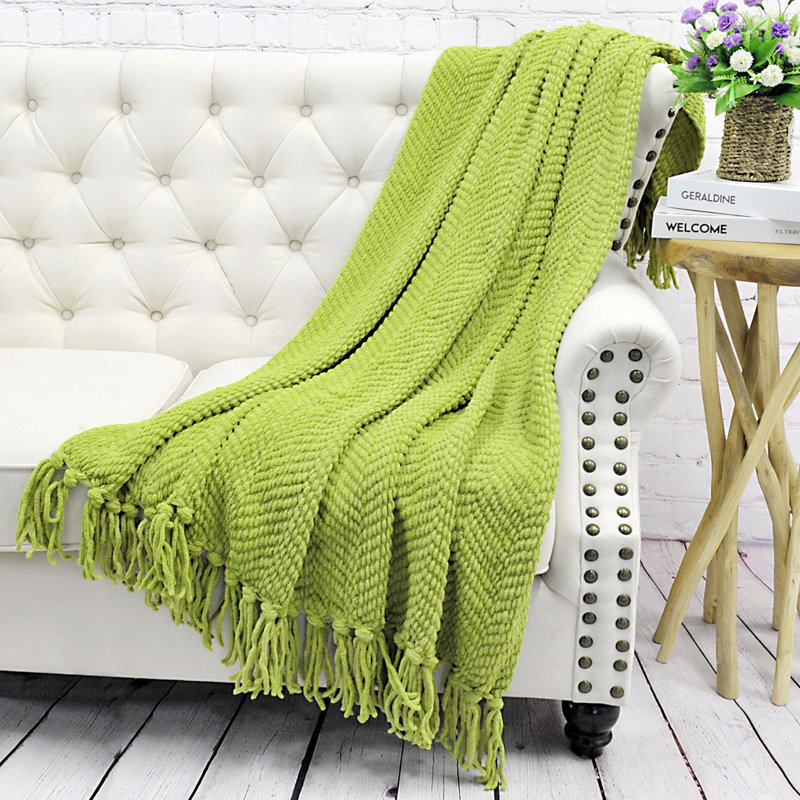 Dark Citron Knitted Reversible Throw Blanket with Braided Tassels