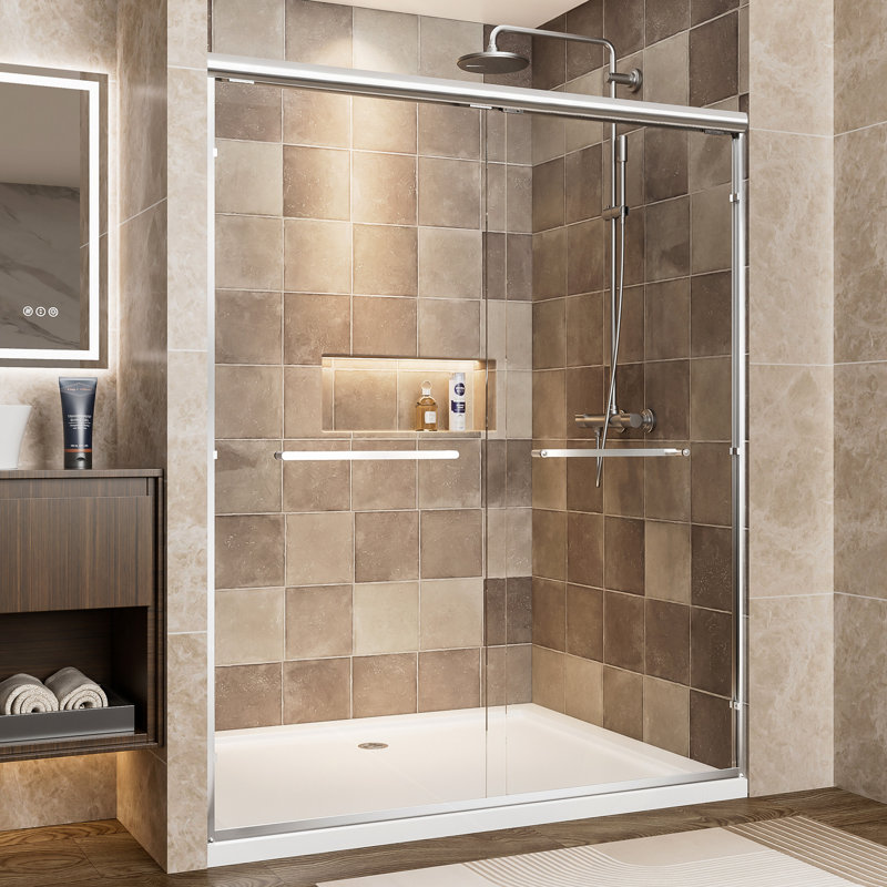 Aluminum Frame Double Sliding Shower Door, 1/4" (6Mm) Clear Tempered Glass With Explosion-Proof Film, Dual Stainless Steel Handles