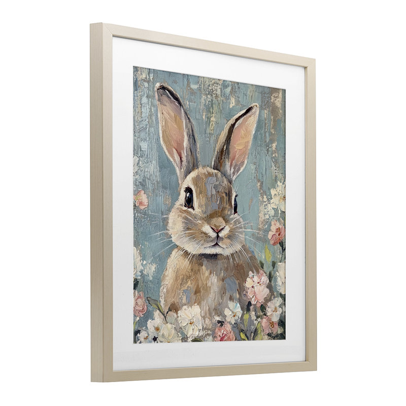 Portrait de lapin délavé, reproduction sous verre, design par Franklyn Gregory, H 16 po x l 13 po, Cadre de récolte en pin