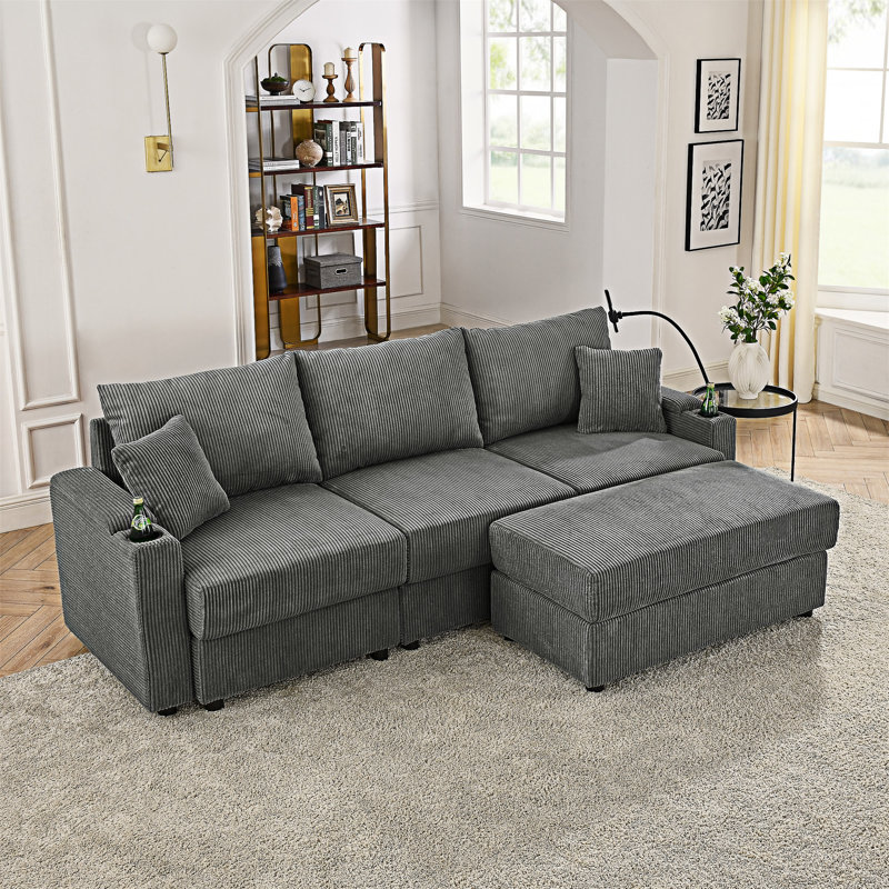 Sofa With Ottoman,Cup Holders And Phone Holder, 34.02" H x 102.02" W x 35.42" D, Grey Corduroy