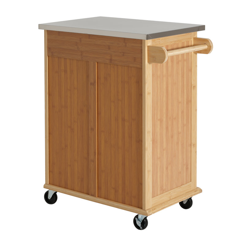 Hawthorne Modern Farmhouse Bamboo Rolling Kitchen Cart with Stainless Steel Top