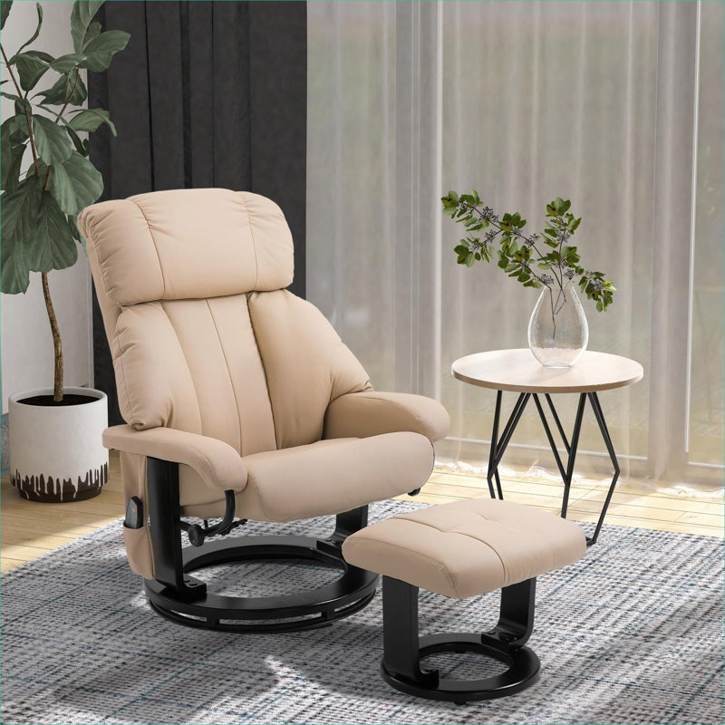  Fauteuil inclinable de massage pivotant à 360 ° à siège unique avec repose-pieds, similicuir inclinable manuel en beige doux