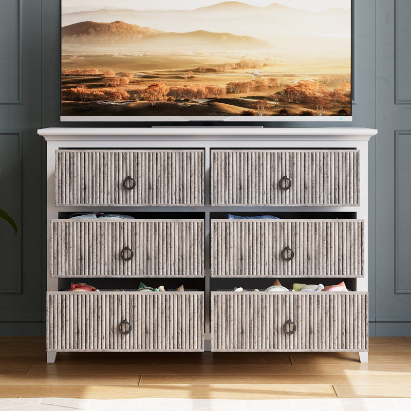 Dresser with 6 Fluted Drawers Panel, Wide Modern Chest of Drawers with Deep Drawers