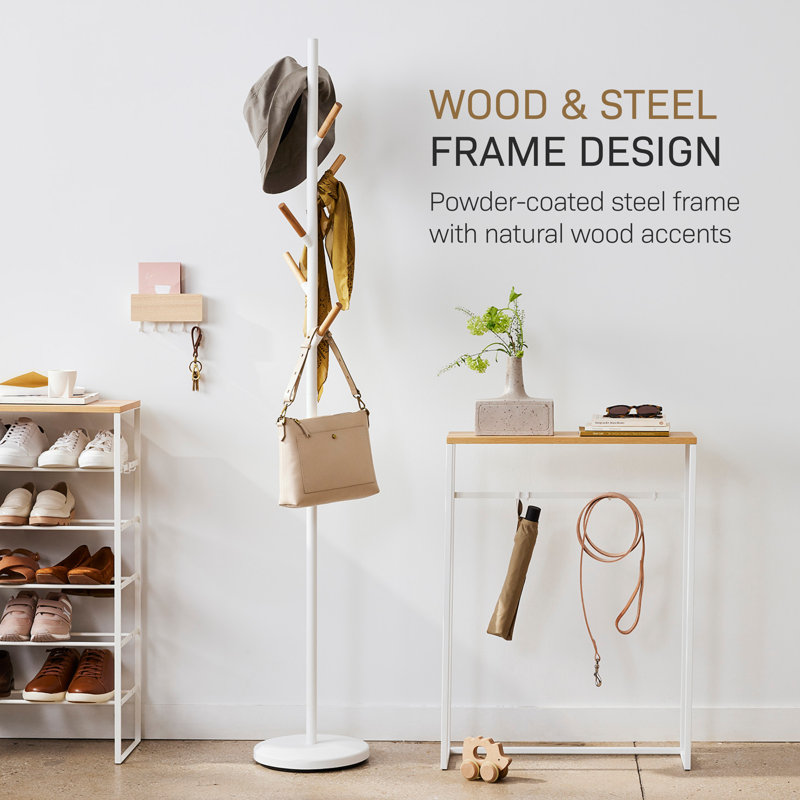 Yamazaki Home Plain Freestanding Coat Hanger Rack With Wooden Hooks, Space Saving, 70" - Steel, White