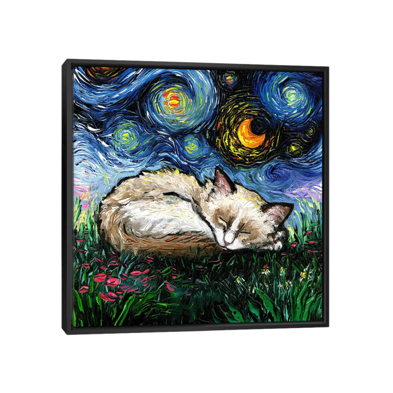 Sleepy Ragdoll Kitten Night, 18" H x 18" W x 1.5" D, No Mat, Black Floater Framed Canvas