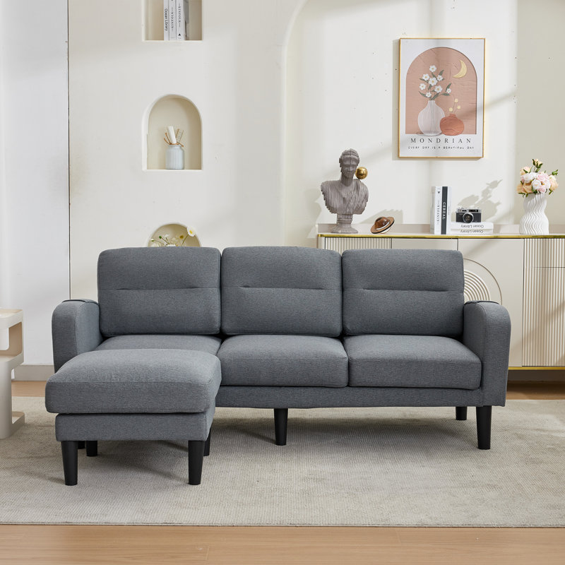 3 Seater Cotton Blend Sectional, Grey Cotton Blend
