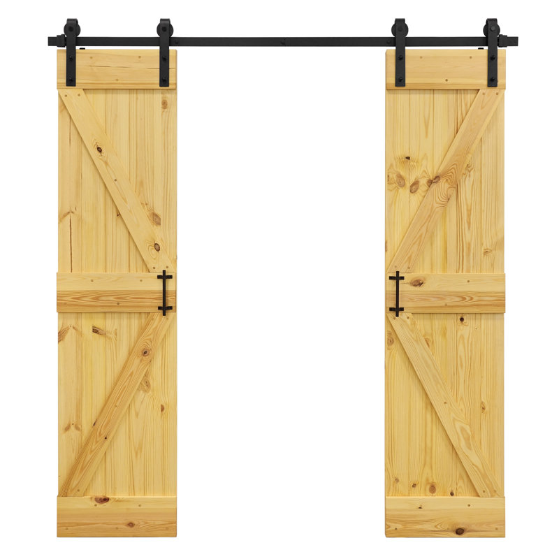 Double Solid Pine Wood Barn Door Set, Natural Oil