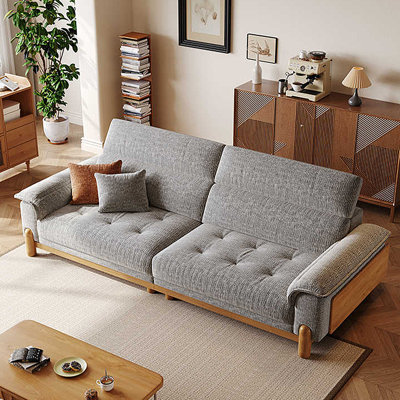 Gray linen-blend loveseat with throw pillows