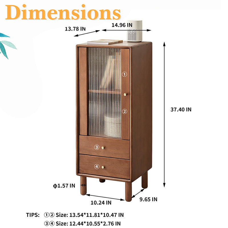 Armoire de rangement en bois massif H 37,4 "avec porte vitrée, 2 tablettes, 2 tiroirs et poignée en laiton Aeleen