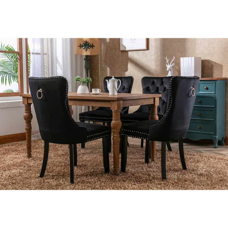 2 chaises de salle à manger modernes en bois d'hévéa massif recouvert de velours d'hévéa moderne avec pieds en bois et garniture cloutée, haut pour un soutien du dos confortable, coussin en mousse à densité, pièce convenable 2 en