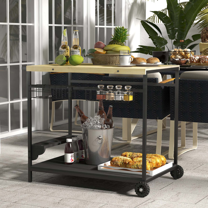 Outdoor Bar Cart, Patio Rolling Serving Cart with Wheels, Side Handle, 2 Baskets, 4 Wine Holders for Garden, Dining Room, Natural