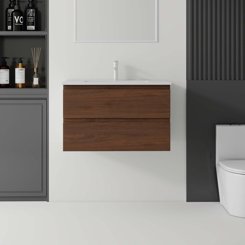 Meuble-lavabo suspendu gain d'espace avec lavabo en céramique et tiroir à fermeture en douceur, Brun