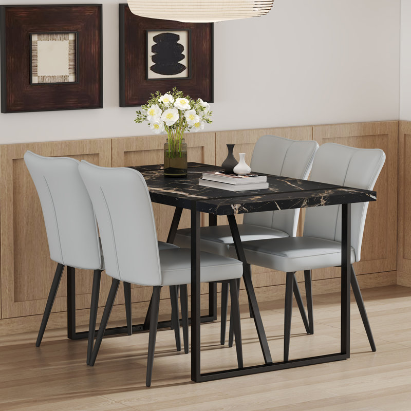  Ensemble de 5 tables de salle à manger en MDF de marbre noir avec chaises en polyuréthane à dossier rayé, pour la cuisine ou la salle à manger, gris
