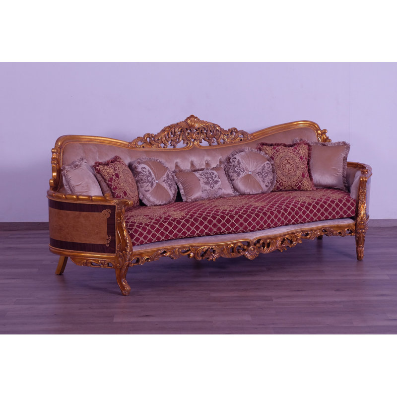 3 Piece Modigliani Sofa Red Gold Fabric, Red Burgundy/Gold