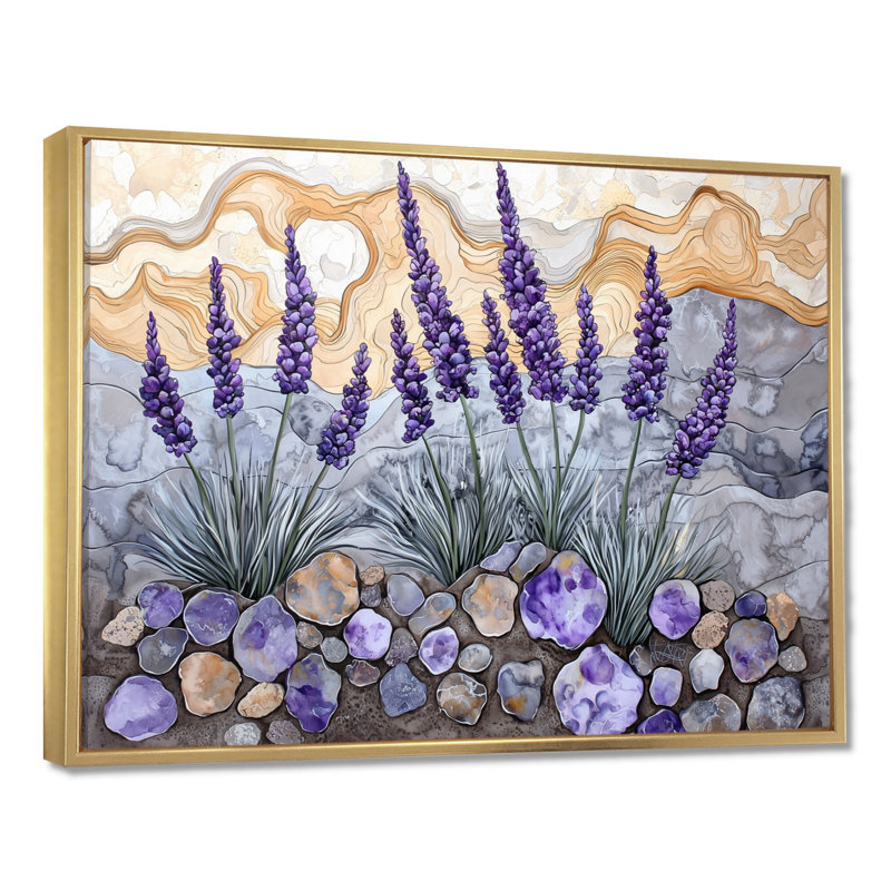 Velours lavande Meadows sur agate I - art mural lavande, Impression dans un cadre flottant sans passe-parto, Doré