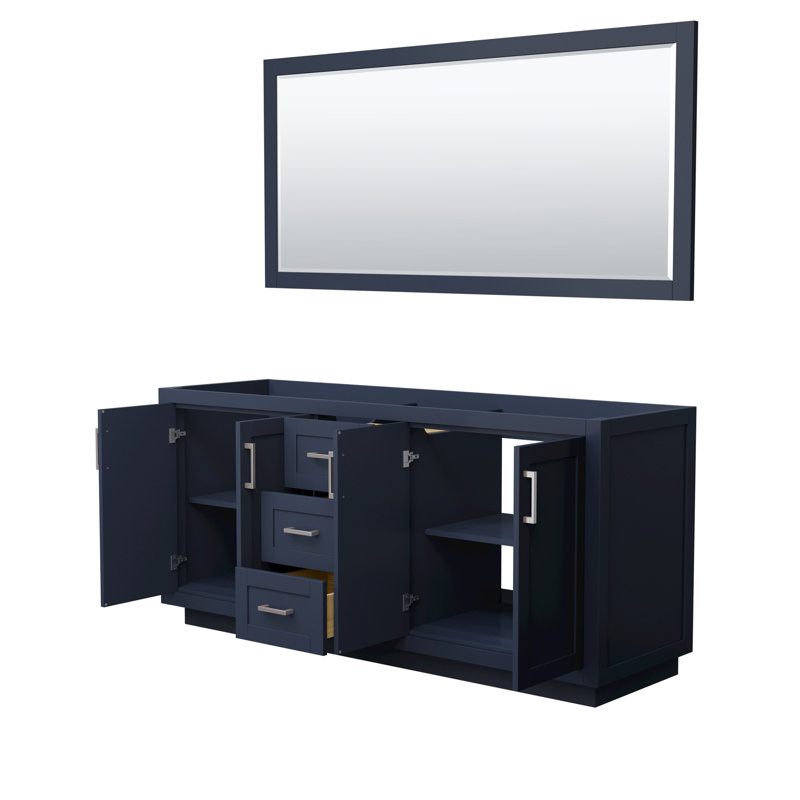 Base de meuble-lavabo double autoportant 71 po avec miroir 70 po Miranda, Bleu foncé / nickel brossé