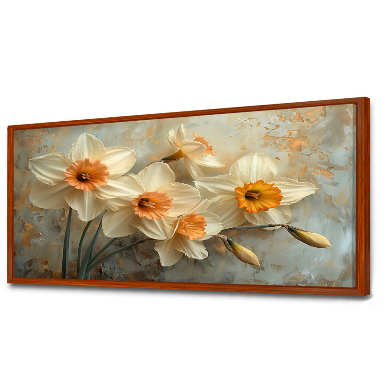 Jaune jaune blanc fragiles jonquilles - jonquilles murales salon, Cadre flottant brun, H 28 po x l 60 po