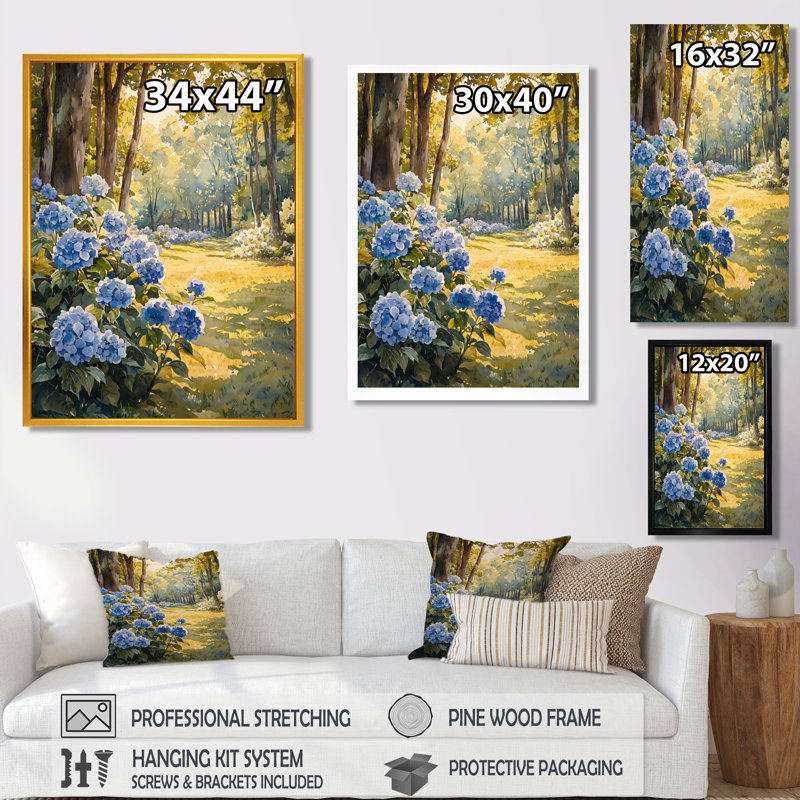 Godangs hortensias dans le verger de pommes II - hydrangées murales, Reproduction avec cadre flottant, H 20 po x l 12 po