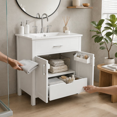 Meuble-lavabo autoportant blanc moderne avec quincaillerie chromée et tablettes ouvertes