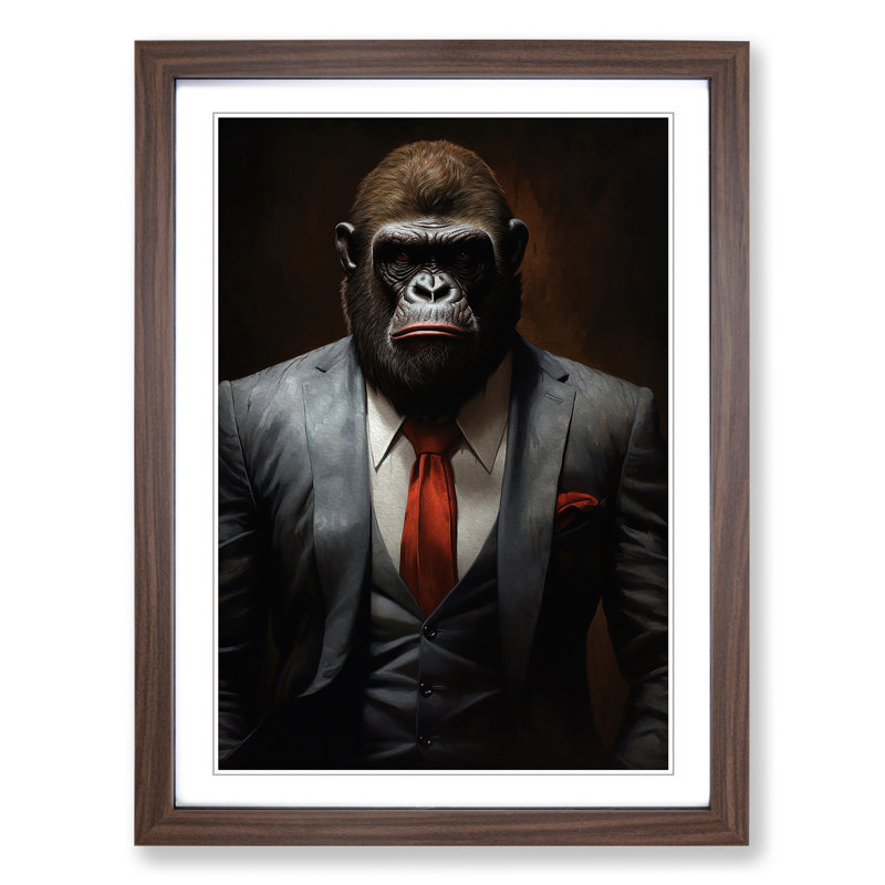 Gorilla In A Suit Painting No.6 - Single Picture Frame Print on Wood, Walnut, 34cm H x 25cm W x 2cm D