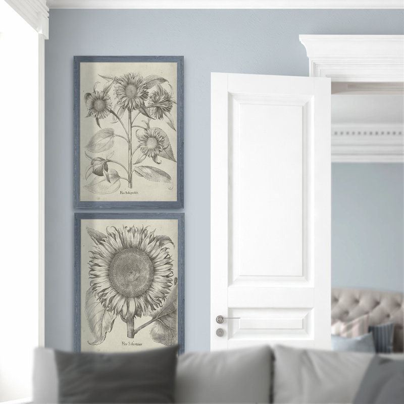 «Fresco Sunflower I», ensemble de 2 reproductions d'art encadrées, H 20 po x l 16 po x P 1,25 po, Toile avec cadre gris