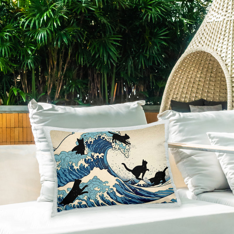 Coussin d'extérieur imprimé Cats & Tsunami Wave par RC Ecommerce