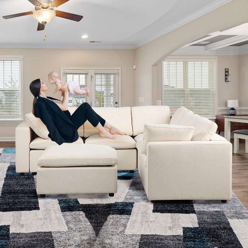 Kierran 6 Piece Chenille Modular Sectional, Beige Chenille