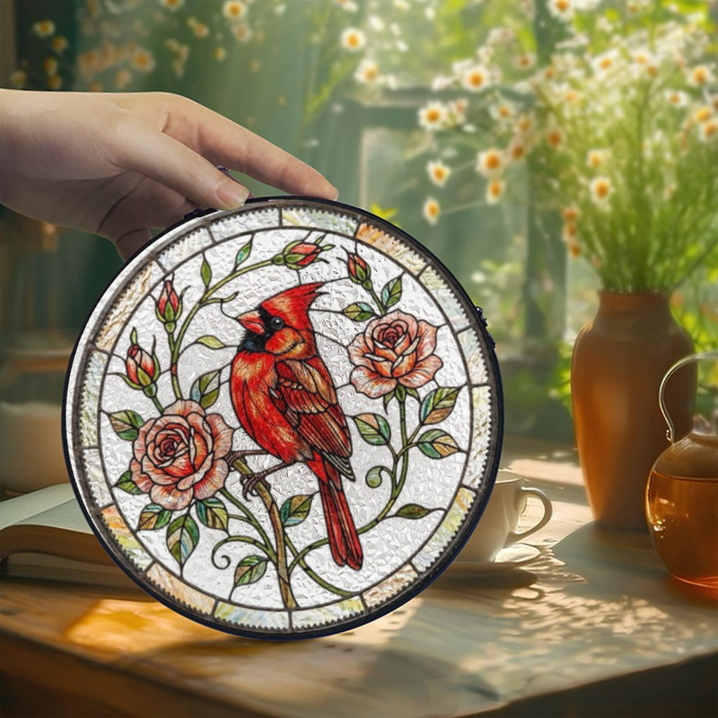 Oiseau cardinal rouge (4) _1 vitrail Suncatcher pour décor de fenêtre, 7,8 x 7,8 po (20 x 20 cm)