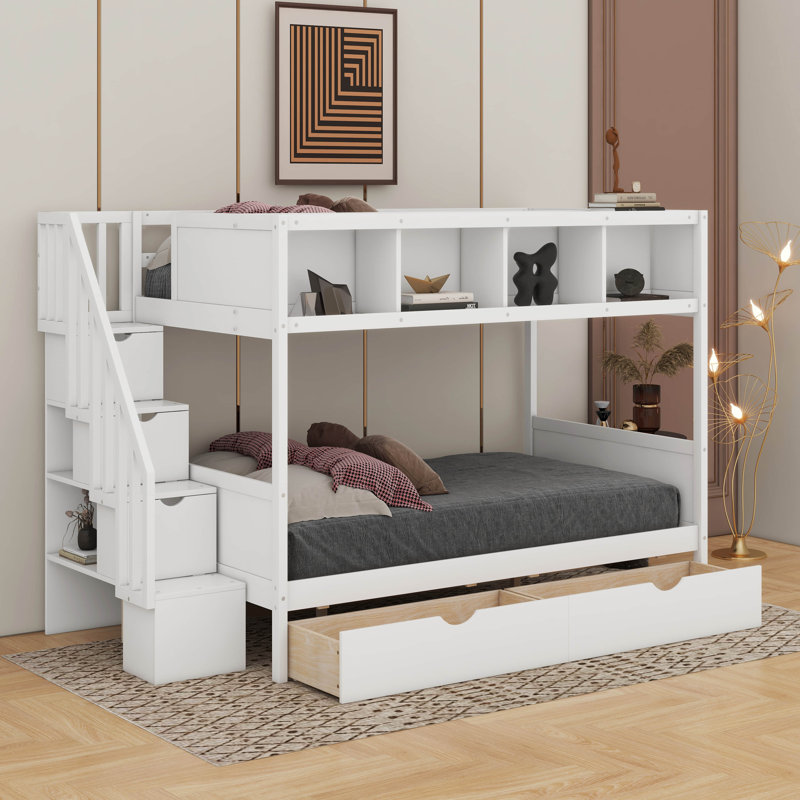 Lit simple superposé au dessus d'un lit double avec tablettes, escalier de rangement et 2 tiroirs, Blanc