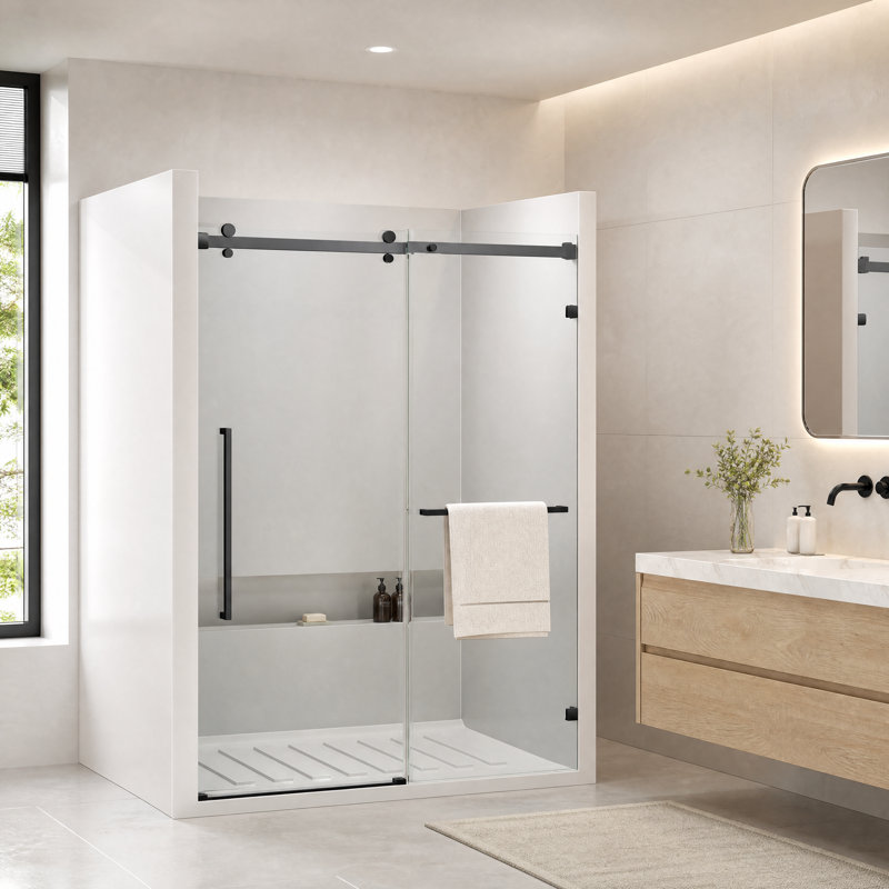 Porte de douche coulissante réversible sans cadre l 56 à 60 po x H 76 po avec verre trempé transparent de 5/16 po (8 mm)