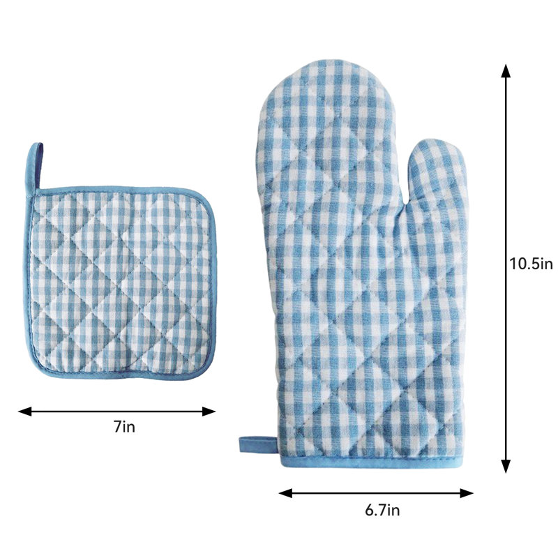 Blue Plaid Cotton Oven Mitts and Pot Holders Set with Towels