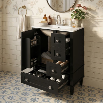 Meuble-lavabo autoportant de 61 cm de largeur avec tiroir compartimenté, rangement sur porte et comptoir en céramique