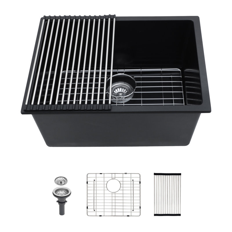 Quartz Laundry Utility Sink - 24" X 18" Black Granite Composite Undermount Laundry Utility Sink