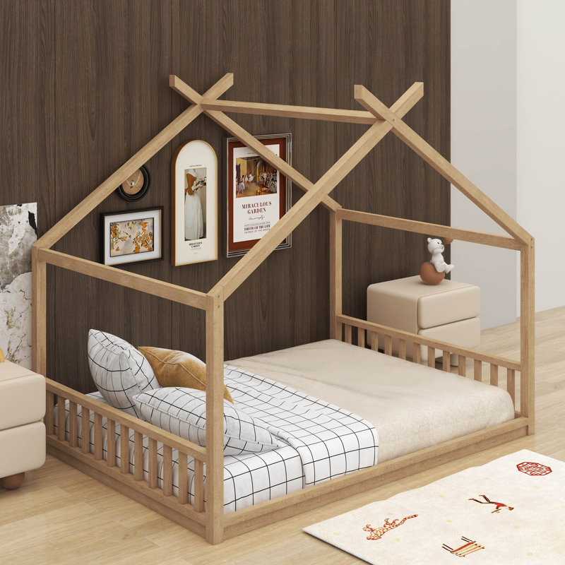 Lit de maison de style Montessori pour enfants, cadre de lit au sol avec tête et pied de lit, Double, Naturel
