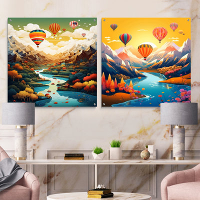High Flying Fantasy Hot Air Balloon Adventure III - Montgolfière, acrylique, art mural en verre, ensemble de 2