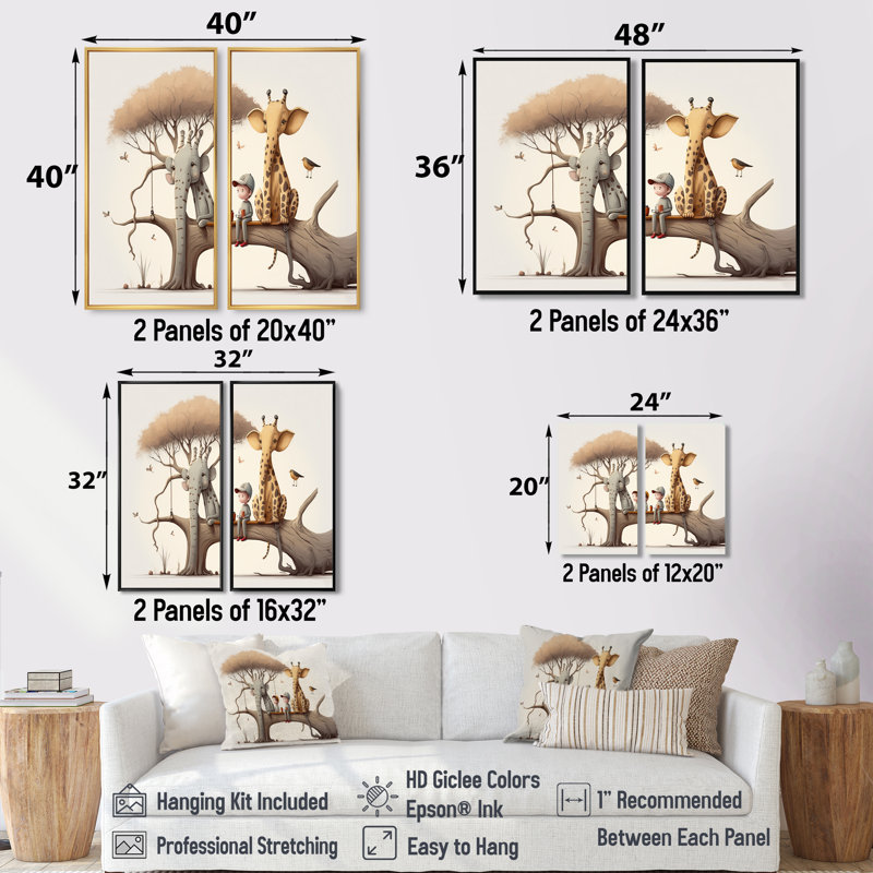 Giraffe And Elephant With Kids - Cream Canvas Prints, 40" H x 40" W, Impression encadrée flottante, Gold