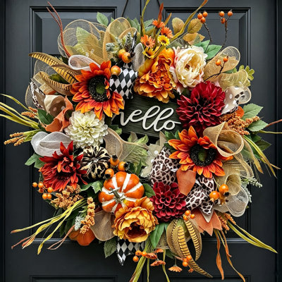 Couronne d'automne 24 po pour porte d'entrée avec tournesols, pivoines et baies, couronne florale artificielle d'automne avec signe «Hello», décoration de porte de campagne élégante pour l'intérieur et l'extérieur