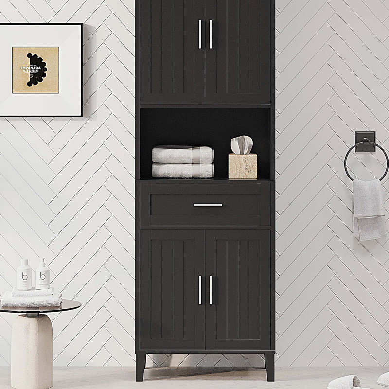 Armoire de salle de bain avec tiroir, 2 armoires, 2 tablettes réglables et rangement ouvert, Noir