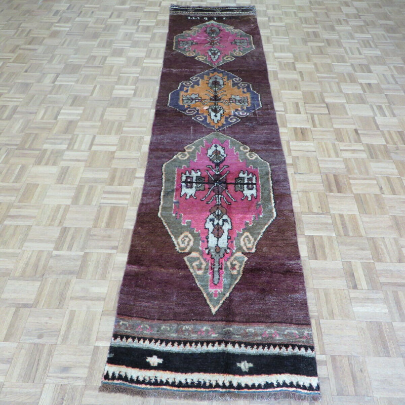 Tapis de couloir en laine noué à la main mauve en Tapis décoratif laine noué à la main de conception unique 2 pi 7 po x 12 pi Corentin