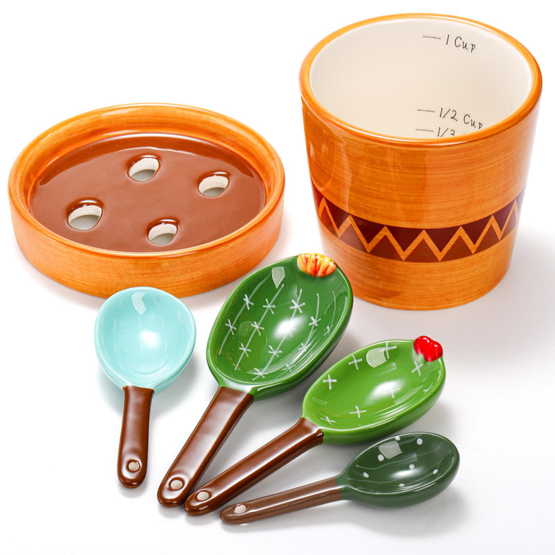 5Pcs Ceramic Measuring Spoons In Pot, Cactus Shape Baking Measuring Spoons And Cup Decorative Cactus Figurine Measuring Spoons Set